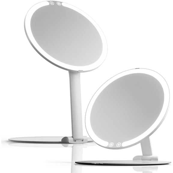 Fancii Abigail Rechargeable Travel Makeup Mirror with LED Light, 8" Foldable Stand, 3 Color Lighting, Dimmable & Lightweight Portable Vanity Mirror (White)