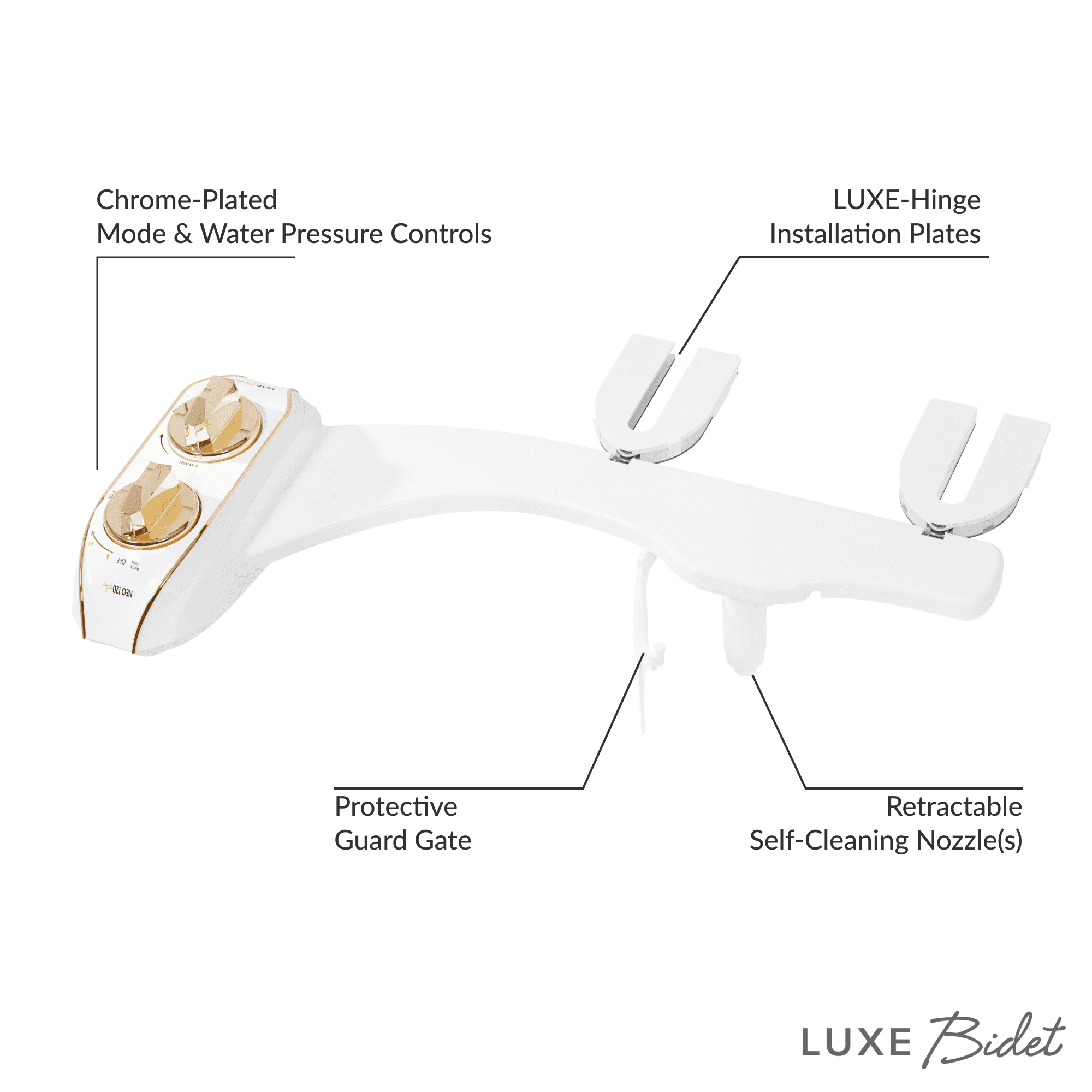 LUXE Bidet NEO 120 Plus - Only Patented Bidet Attachment for Toilet Seat, Innovative Hinges to Clean, Slide-in Easy Install, Advanced 360° Self-Clean, Single Nozzle, Rear Wash (Gold)