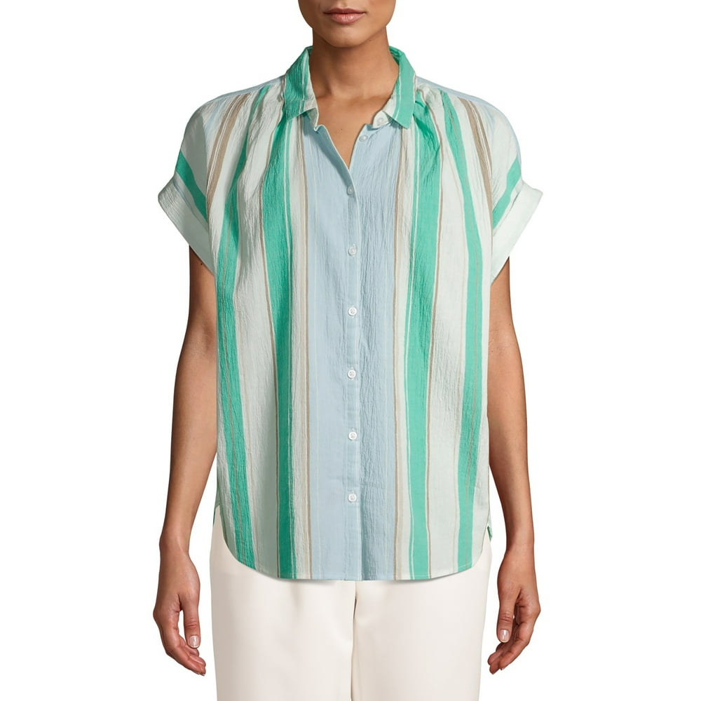 Time and Tru - Time and Tru Women's Button Front Shirt with Rolled Sleeves - Walmart.com
