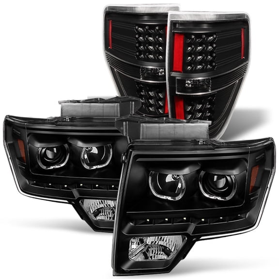 AKKON - For [Dual LED Ring] 09-14 F150 F-150 Pickup Truck Black Projector Headlights   LED Tail light Set