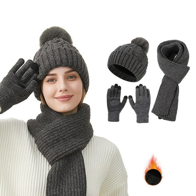 Winter Warm Knitted Scarf Hat Gloves Set for Women Soft Woolen Three-Piece Accessories Cold Weather Combo