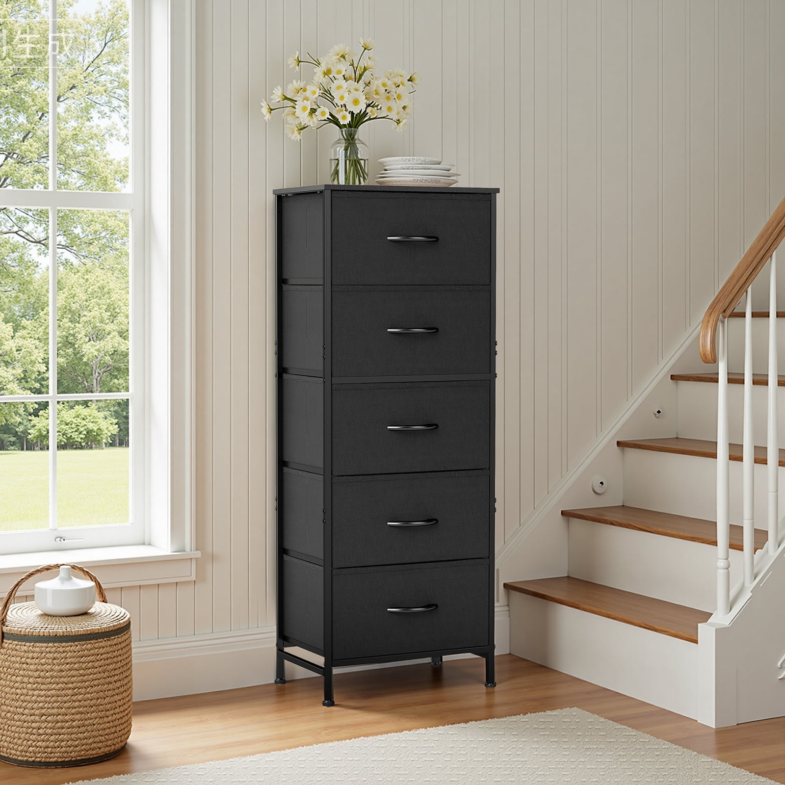 EDX 5 Fabric Dresser with 5 Storage Drawers, TV Stand with Wooden Top Metal Frame for Clothes, Living Room, Hallway, Entryway, Black