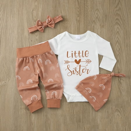 

Actoyo 0-12M Newborn Baby Girls Romper Pants Hat Headband 4Pcs Long Sleeve Outfit Set - LITTLE SISTER