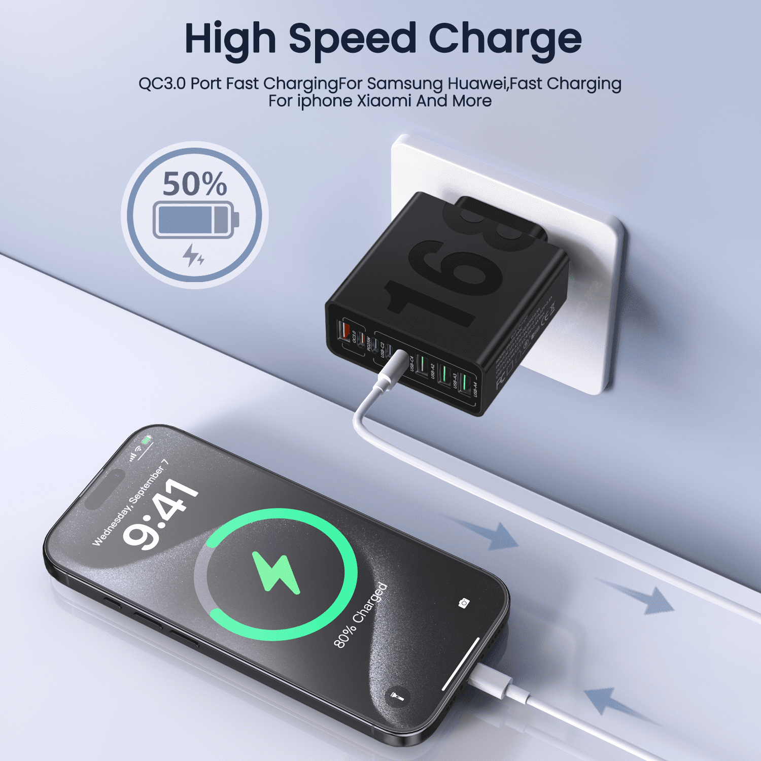 FOBIANJIE - Eight-Port USB-C and USB-A Wall Charger, Type-C Charger, Cubic Design Power Adapter, Multi-Port Plug, White/Black/Yellow – Compatible with iPhone, iPad, AirPods, Samsung Galaxy, Note, Pix