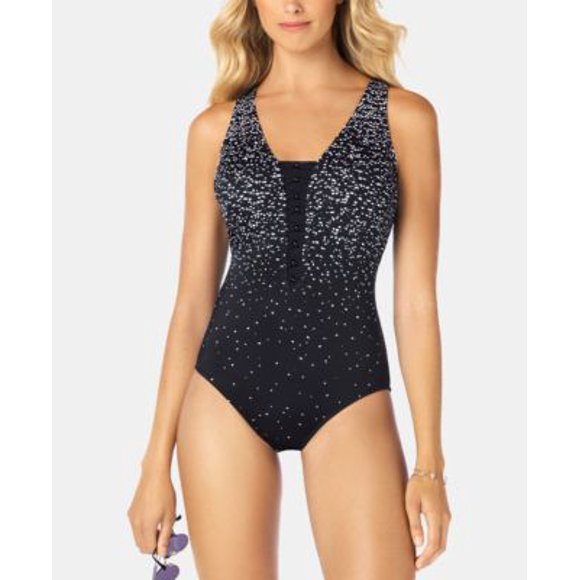 Swim Solutions Beaded-Front Tummy-Control One-Piece Swimsuit, Created for Macy's - Black and White