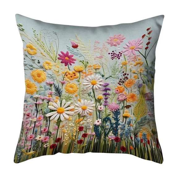 Wildflower Faux Embroidery Print Throw Pillow Cover,18x18 Inch Boho Embroidered Floral Decorative Soft Cushion Case Spring Summer Fall Christmas Home Decor Gift Sofa Luxury Flower Pillowcase
