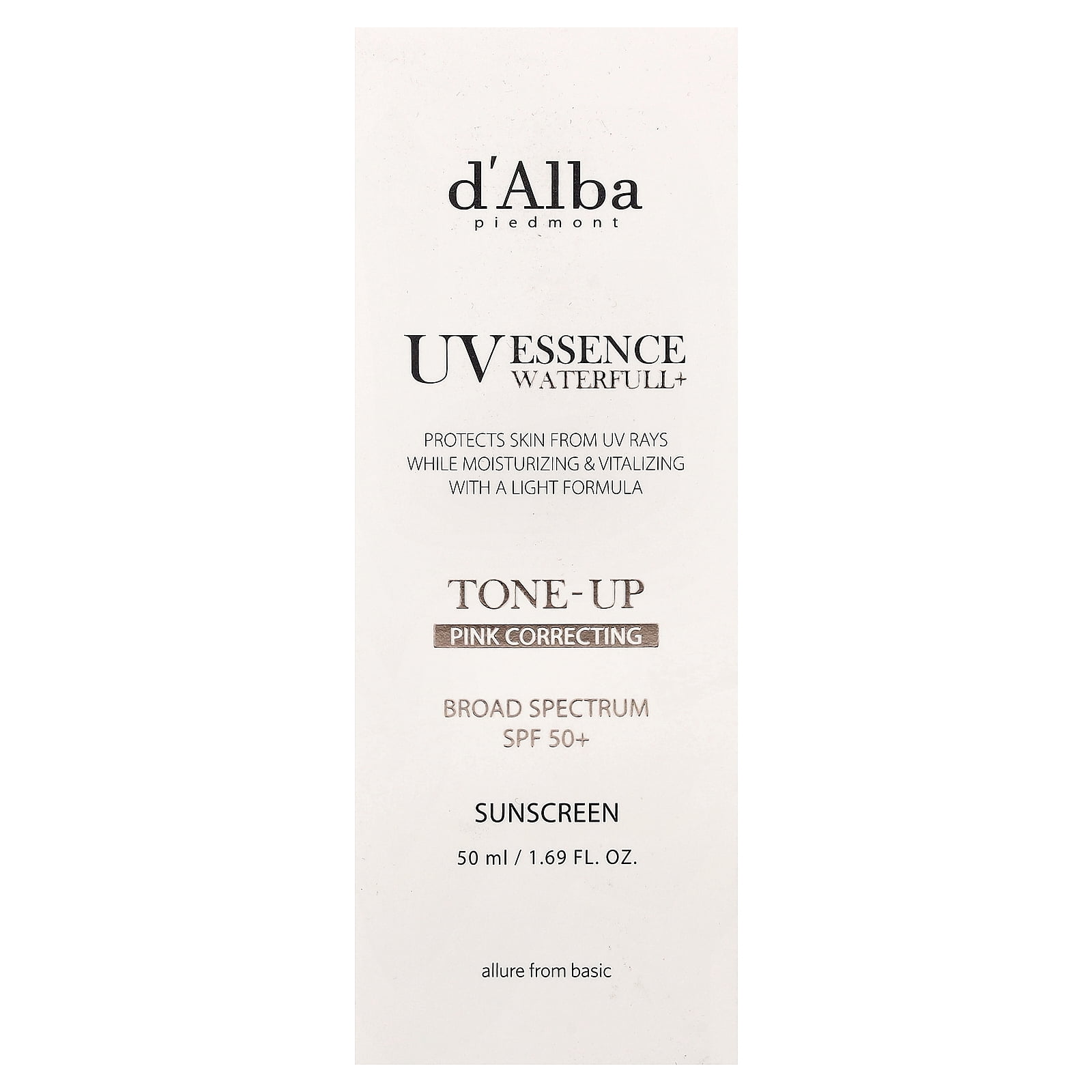 d'Alba UV Essence Waterfull+ Sunscreen, Tone-Up Pink Correcting, SPF 50+, 1.69 fl oz (50 ml)