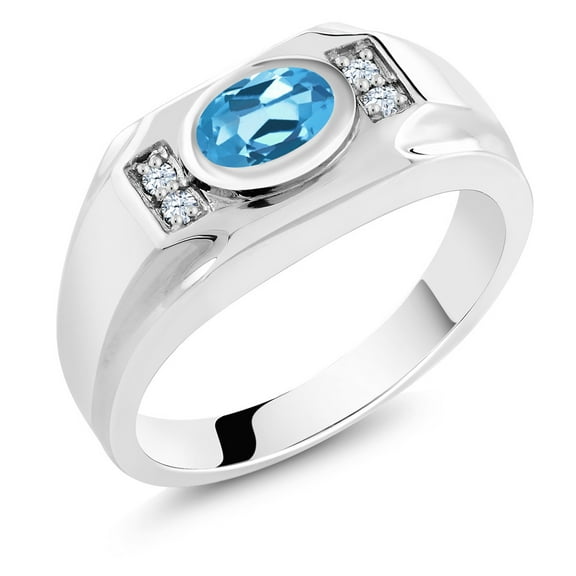 Gem Stone King Men's 925 Sterling Silver Swiss Blue Topaz and White Created Sapphire Ring (1.66 Cttw, Gemstone November Birthstone, Oval 8X6MM,, Size 11)