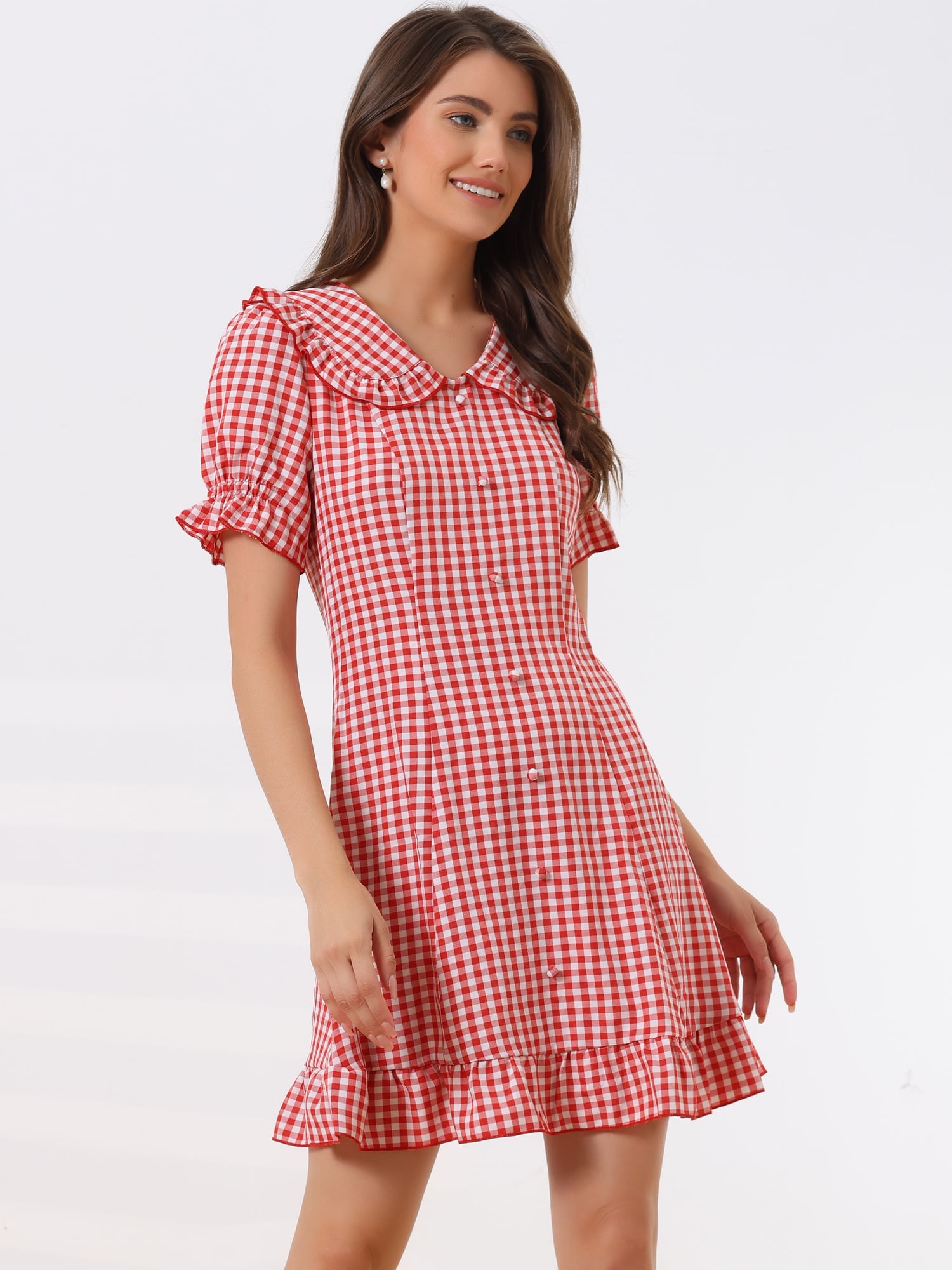 DARING DIVA Gingham Print Ruffled Doll Collar Puff Sleeve Mini Dress S Red