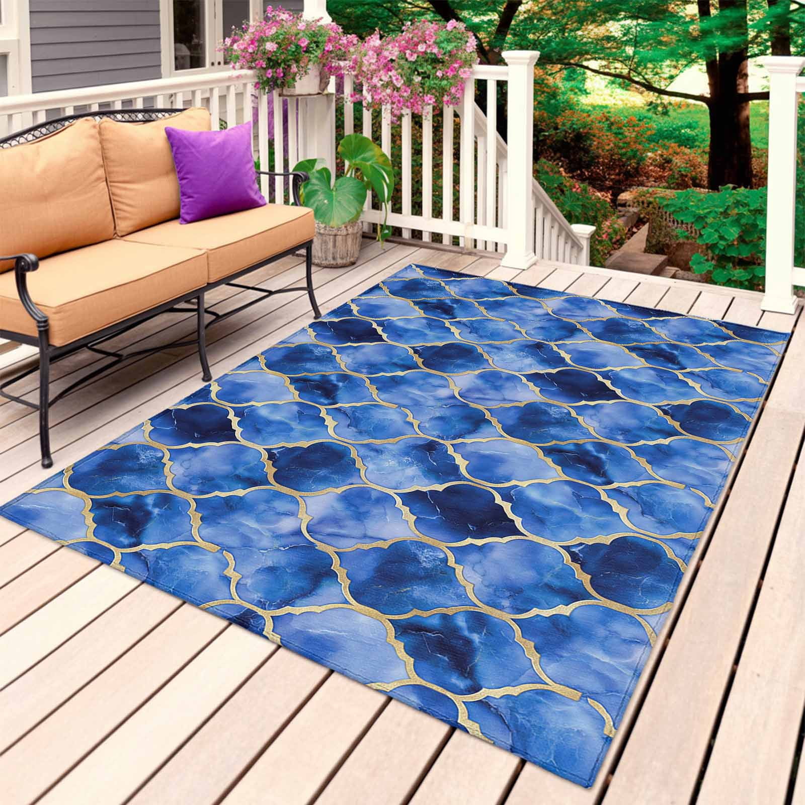 Outdoor Rug 3x5 ft Peacock Blue White Marble Outdoor Large Area Rug Non Slip Rubber Lattice Modern Art Front Door Mat RV Rug Camping Carpet Patio Outdoor Rugs for Backyard Balcony Deck Porch Indoor