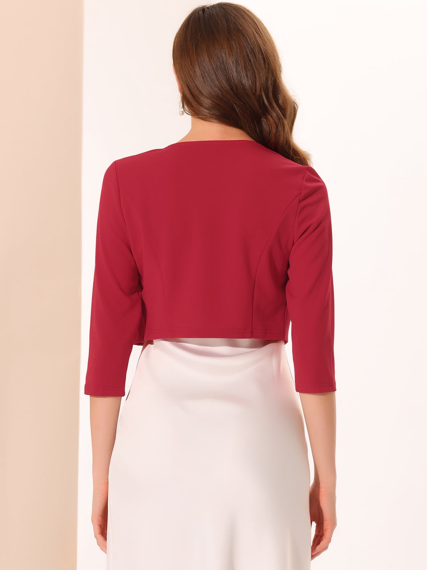 DARING DIVA Women's 3/4 Sleeve Shrug Top Collarless Pleated Open Front Cropped Cardigan L Red