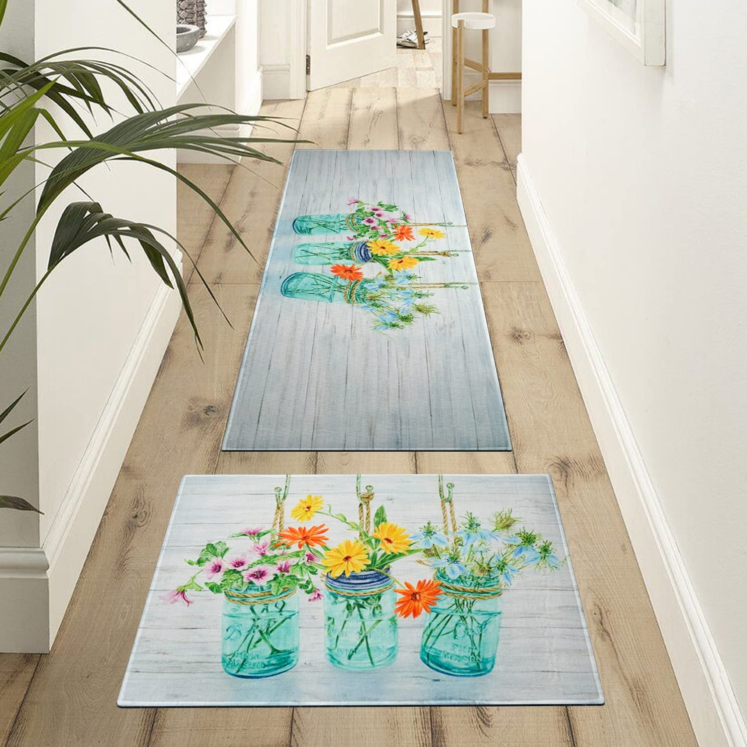 Floral Farmhouse Kitchen Rugs Set 2 Piece Colorful Spring/Summer Flowers Decorative Rugs for Kitchen Low-Profile Floor Mats Decorations for Home Kitchen (17"x48"+17"x24")
