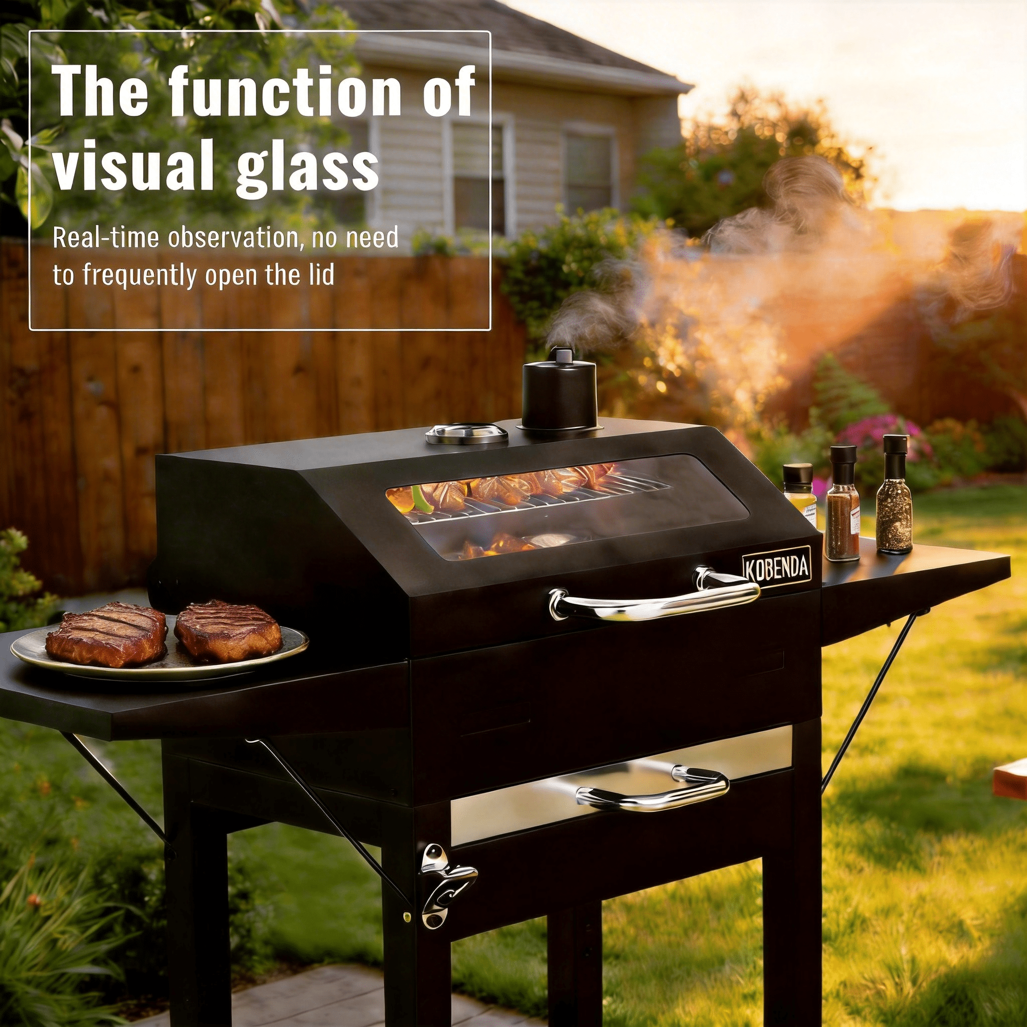 KOBENDA 20 inch Charcoal Grill with Side Tables & Glass Viewing Window, Outdoor BBQ Grill for Backyard , Black