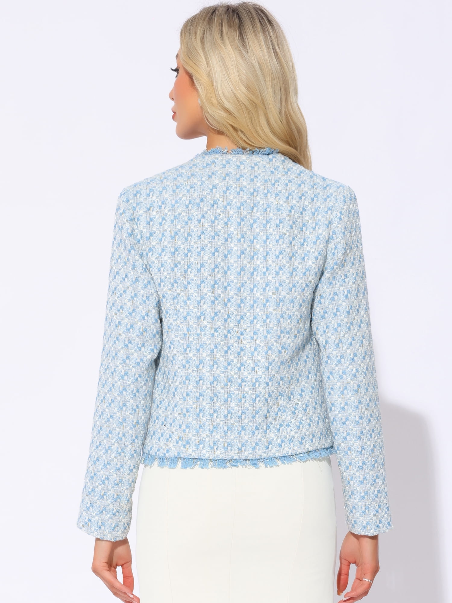DARING DIVA Women's Plaid Tweed Long Sleeve Open Front Work Office Jacket XL Blue