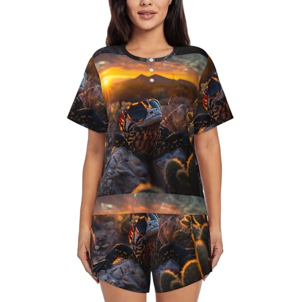 Fotbe Lizard With Sunglasses Sunset Conjunto de Pijama Estampado para Mujer, 2 Piezas, Ropa de Dormir con Camiseta de Manga Corta y Shorts Suaves-4X-Large