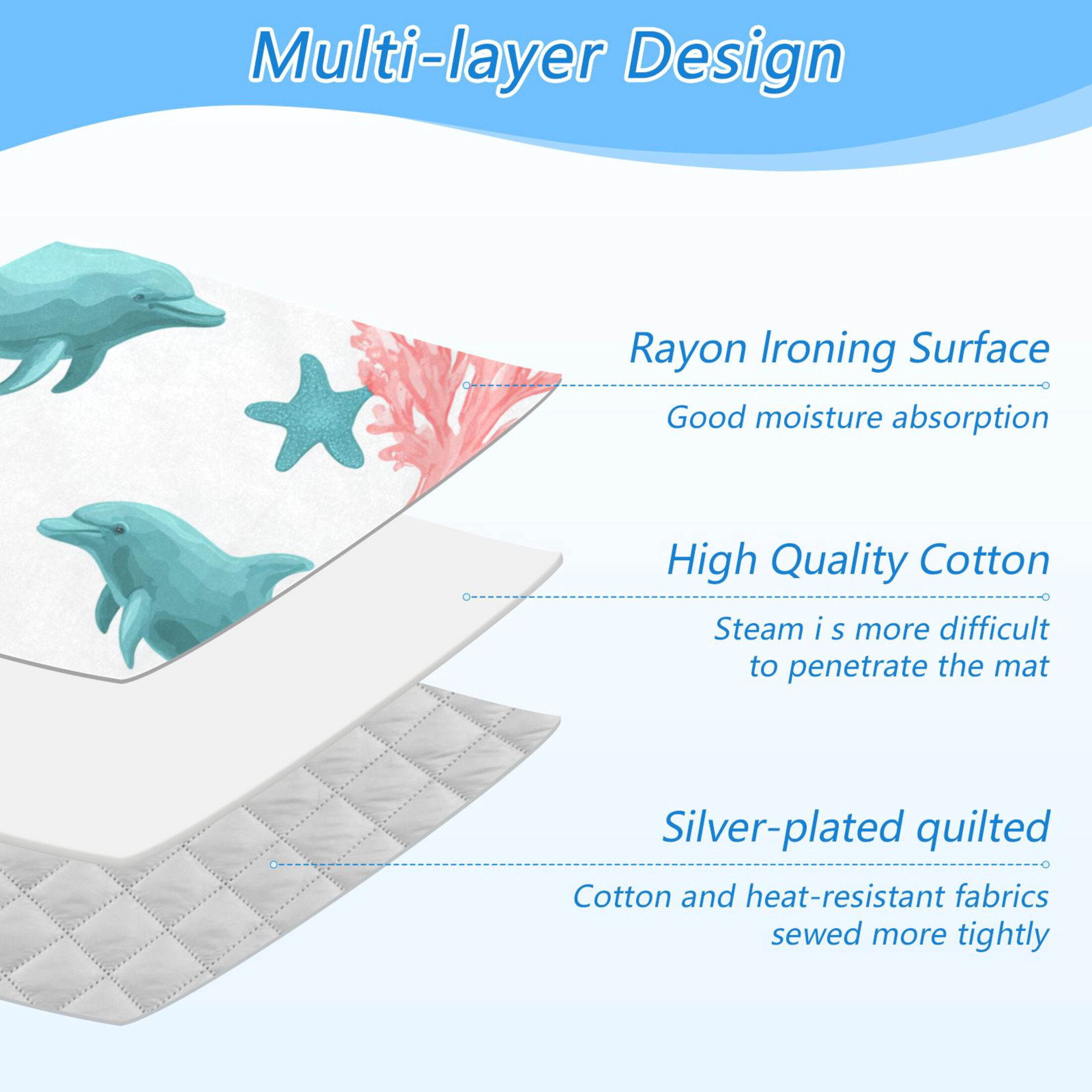 Pink Corals Blue Dolphins Ironing Mat Blanket Portable Travel Ironing Pad Heat Resistant Pad 47.2" x 27.6”