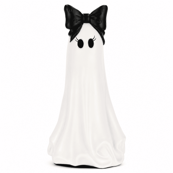 Large Ghost with Bow Tabletop Decoration, 20" Black White Halloween Ghost Figurine, Sculpted Ghost Decor for Mantel Shelf Entryway Table Party Display