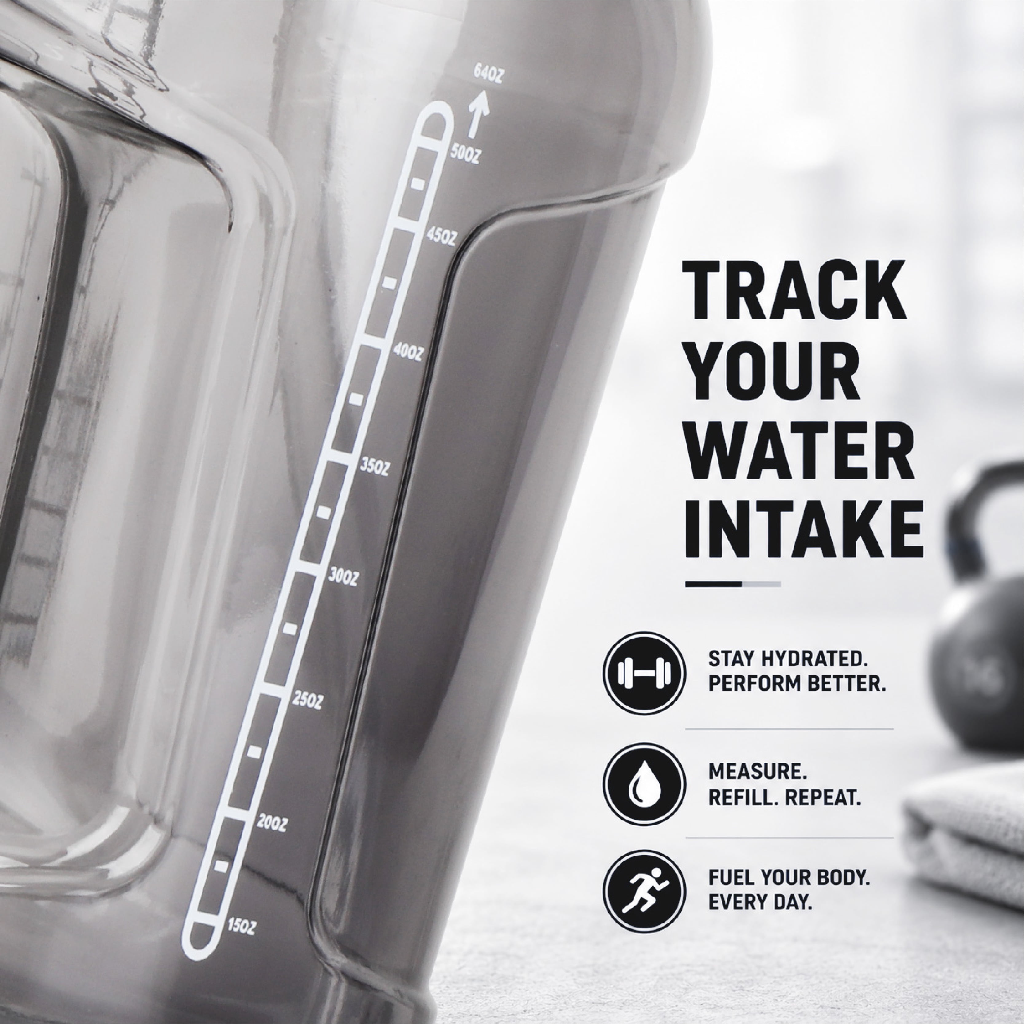 Athletic Works 64-Ounce Motivational Water Jug with Dual-Function Lid in Black