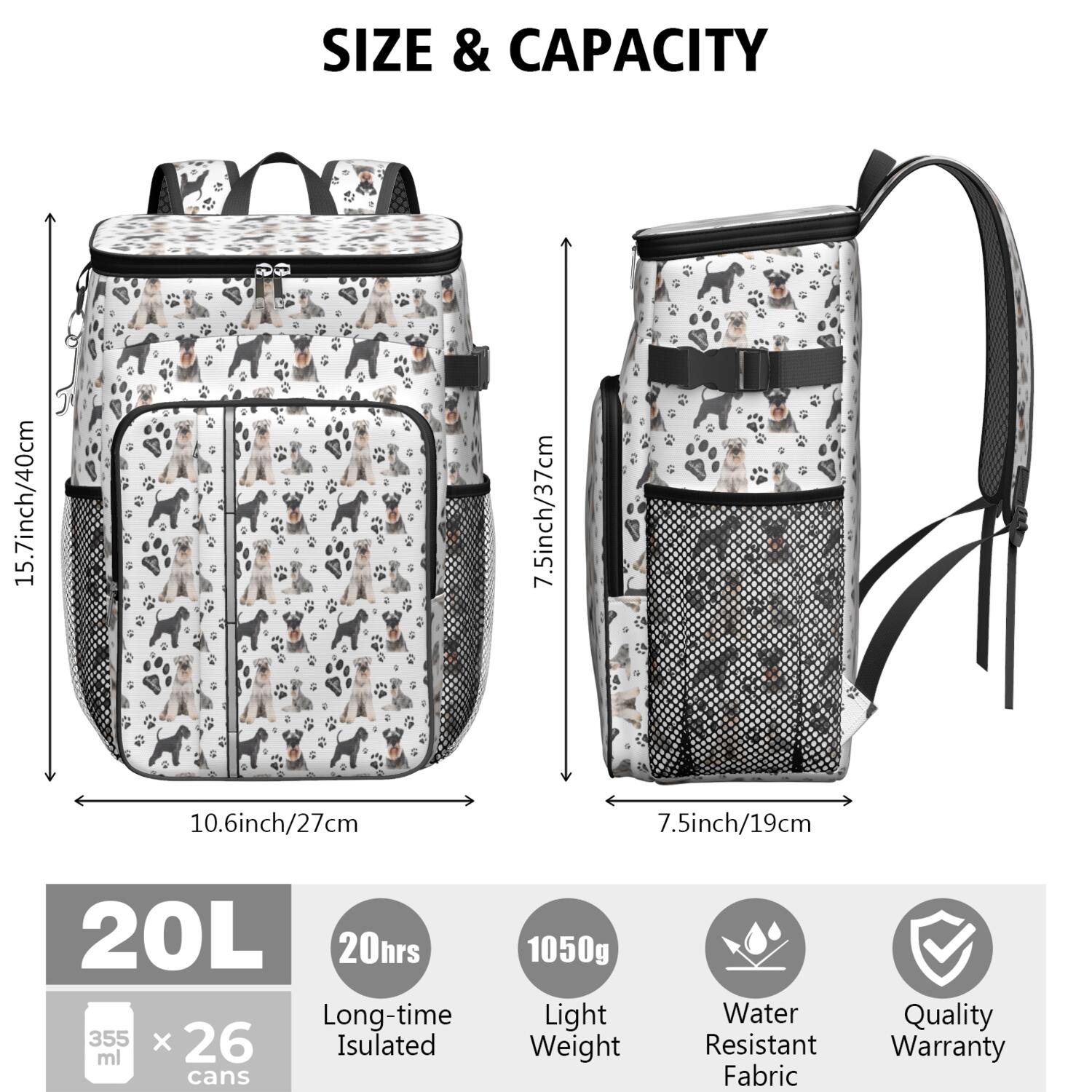 Travel Cooler Bag - Schnauzer Dog and Footprints Camping Beer Cooler Backpack with Bottle Opener- Waterproof Insulated Picnic Backpacks - Cooler Bag for Beach