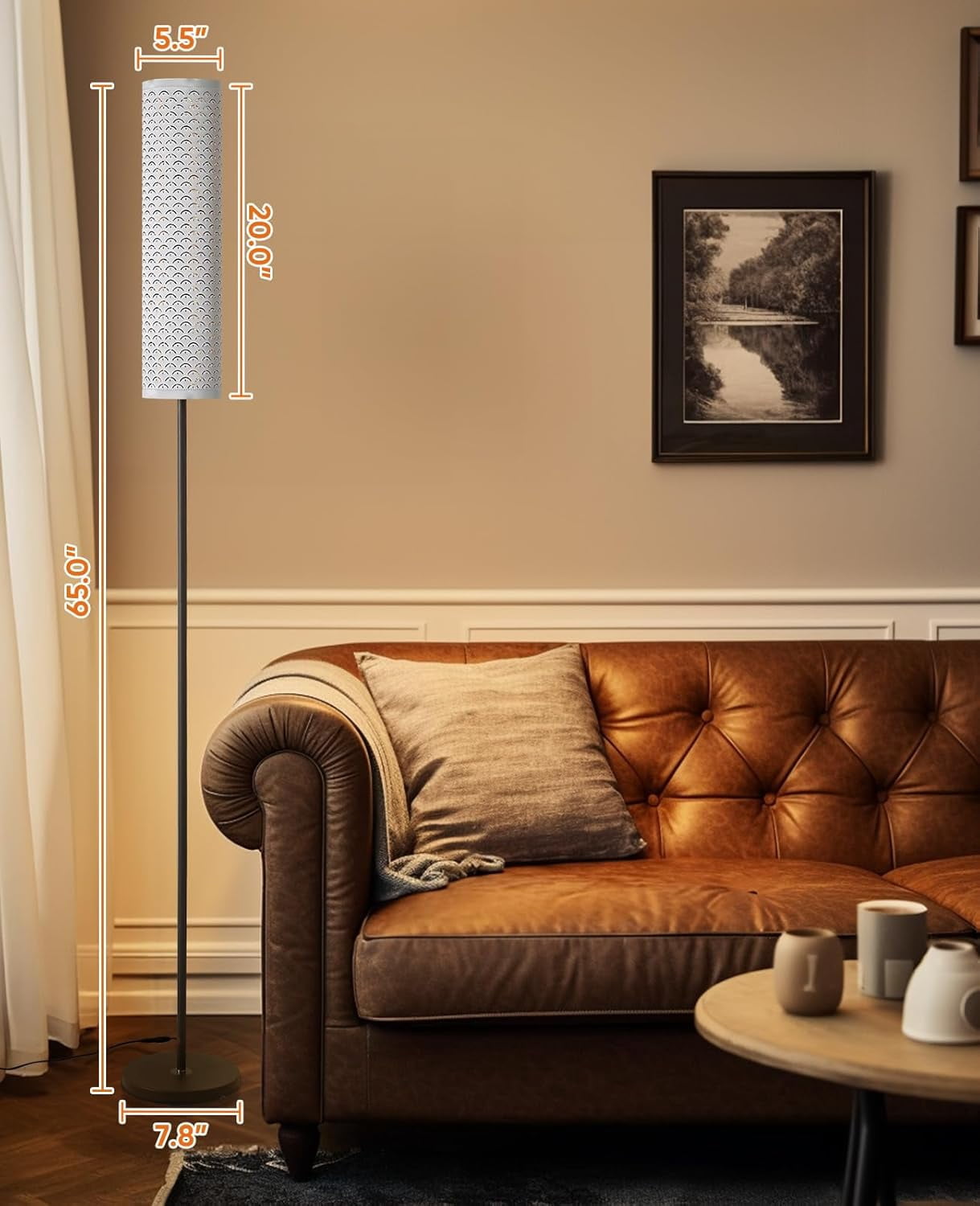 Industrial Modern Floor Lamps for Living Room, Dimmable Standing Tall Lamps Remote Control Custom Color Temperature & Brightness Lamp with Fabric Lampshade, Tall Lamps for Bedroom Office, White