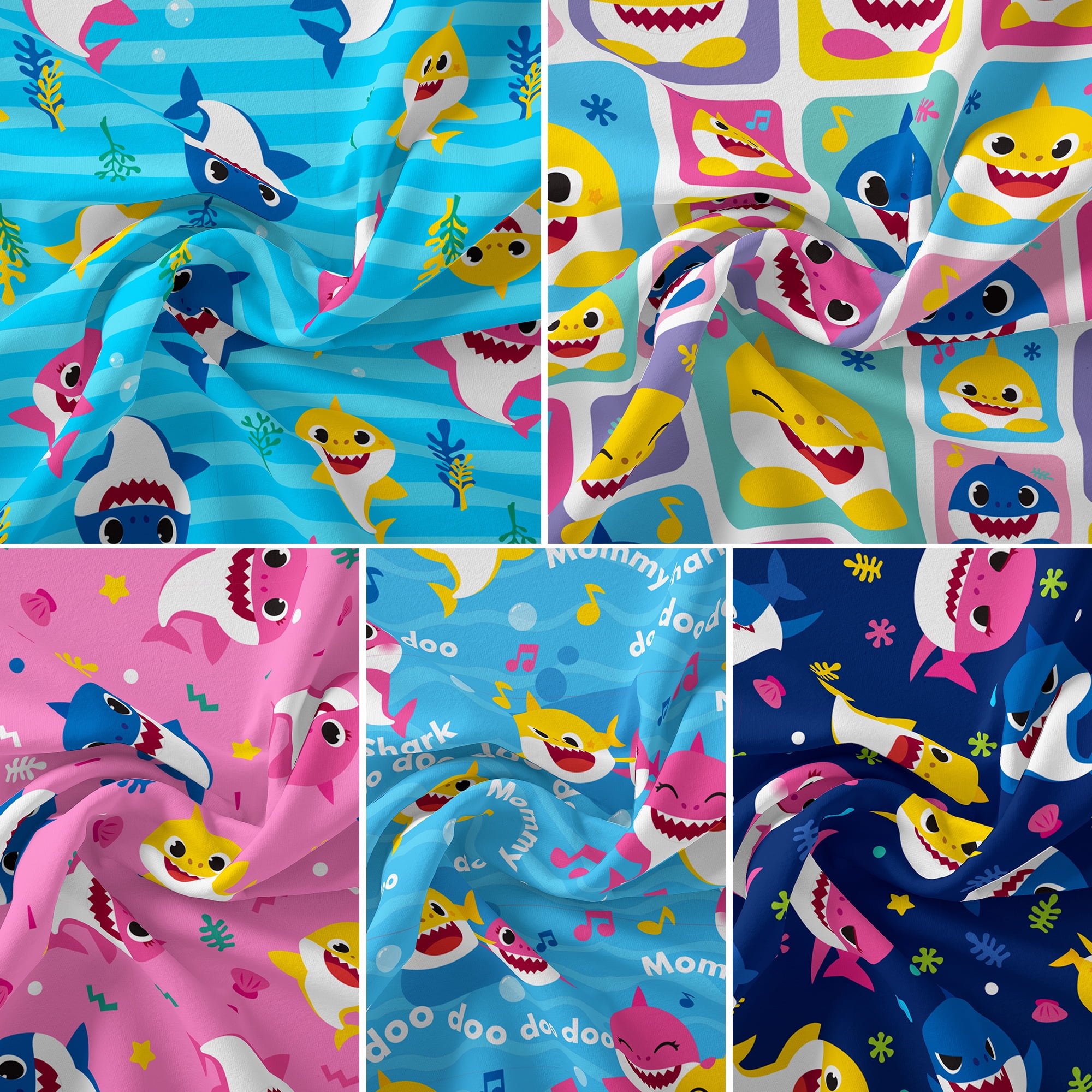 Baby Shark 18" x 21" 100% Cotton, Multi-color, for Quilting & Sewing, 5 Pieces