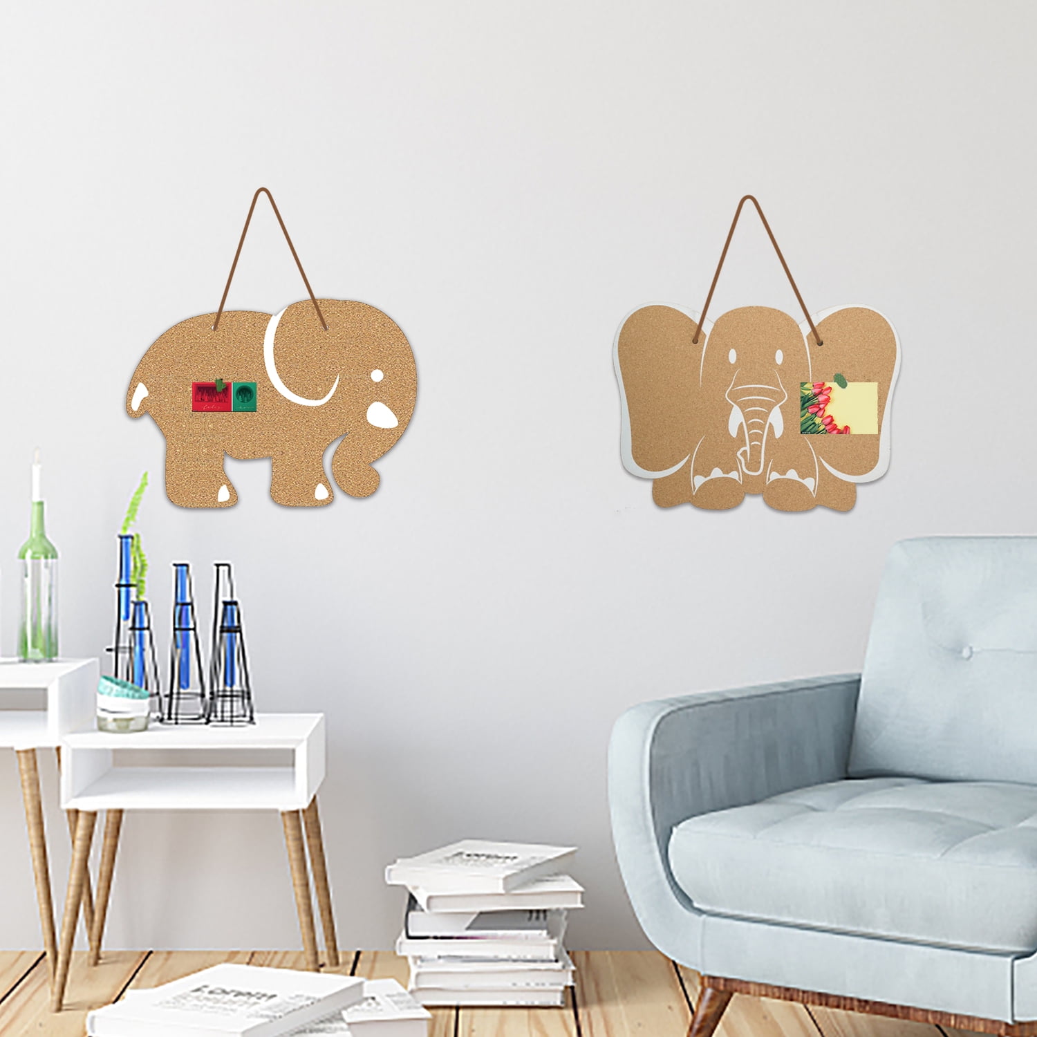 SHOOFFICE Elephant Cork Bulletin Board 2 Pack, 16.5" x 12" Hanging Pin Boards for Walls, Frameless Picture Board with 20Pcs Wooden Pushpins for Office Home Wall Decor