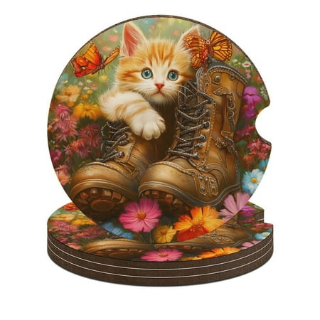 

Daisy Flowers Butterfly Cat And Boots Car Coasters for Drinks with A Finger Notch for Easy Removal Cup Holder Coaster Cute Car Interior Accessories 4PCS