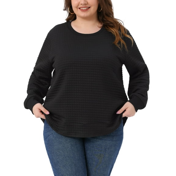 Agnes Orinda Women's Plus Size Waffle Knit Sweatshirt Crew Neck Long Sleeve Shirts Casual Curved Hem Pullover 2X Black