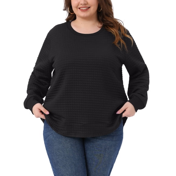 Sudadera de punto waffle para mujer Agnes Orinda, talla grande, cuello redondo, de manga larga, con dobladillo curvado, pulóver 2X negro