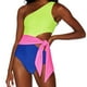 thumbnail image 3 of Traje de baño de mujer de una pieza con un hombro, bloques de color, corte con lazo en la cintura, traje de baño de bikini, 3 of 5
