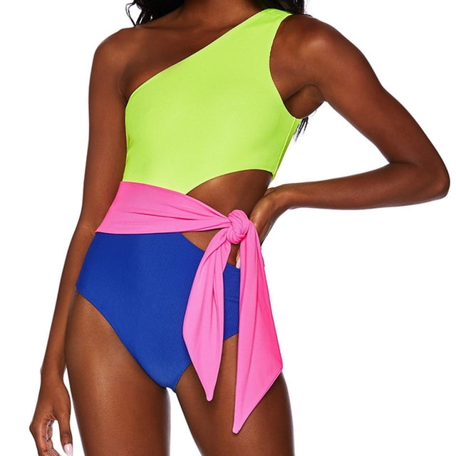 Traje de baño para mujer, una pieza, un hombro, bloqueo de color, recorte, cintura con lazo, bikini, traje de baño Royalblue L