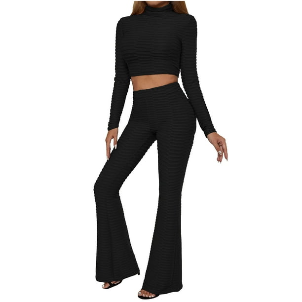 Workout Sets for Women Casual Slim High Waisted Flare Pants and Long Sleeve Crop  Top Yoga 2 Piece Outfits Tracksuit - Walmart.com