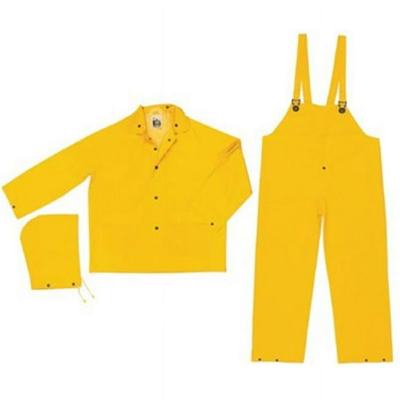 Yellow Classic .35 mm Polyester And PVC 3-Piece Rain Suit With Detachable Hood And Bib Pants