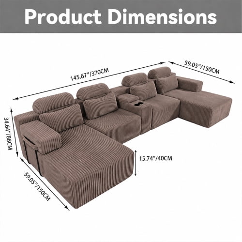 145.7 Inch Oversized U-Shaped Modular Sectional Sofa with Lounge Chaise, Cup Holders & Hidden Storage - Compression Sofa for Home Theater & Luxury Living Room, Coffee