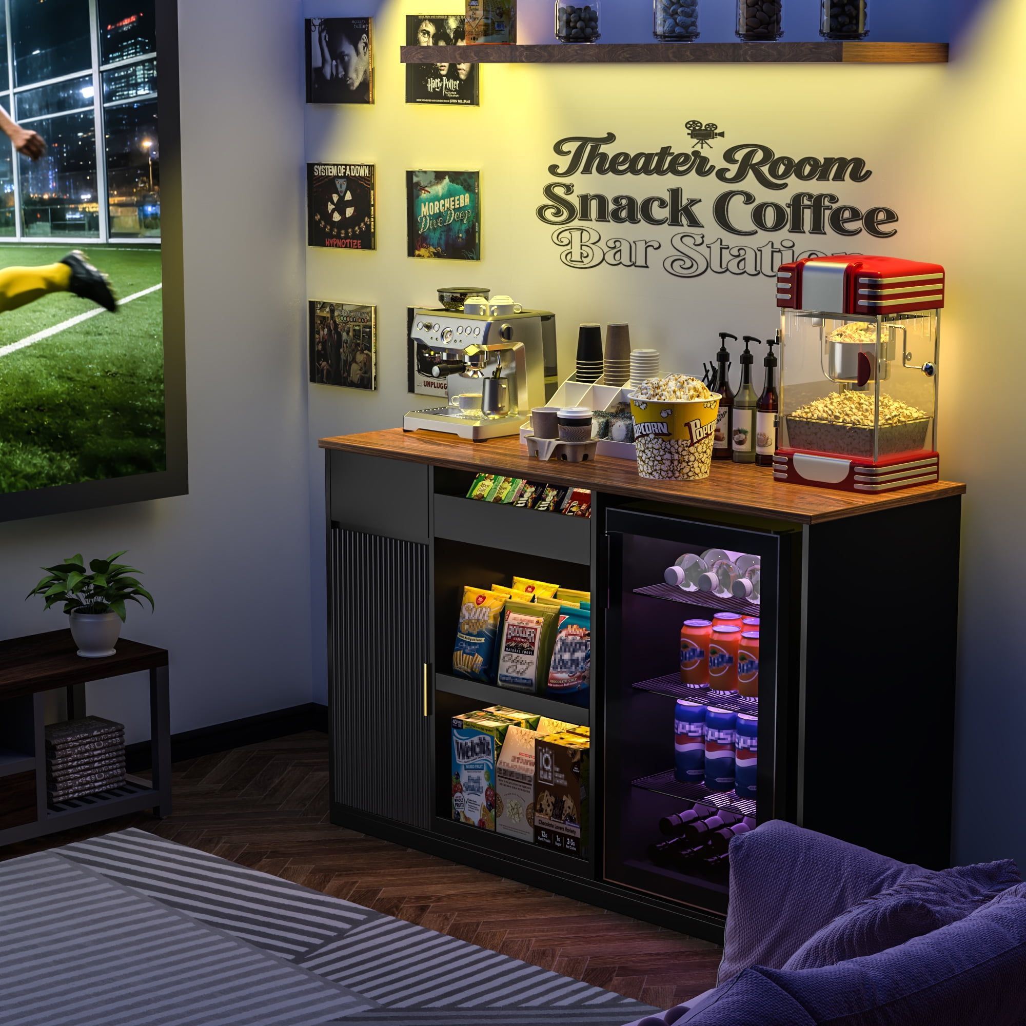 GDLF Snack Bar Cabinet with Fridge Space, Snack Organizer with Storage and Candy Display Shelf, Coffee Station for Home Theater or Game Room, 51.2", Black