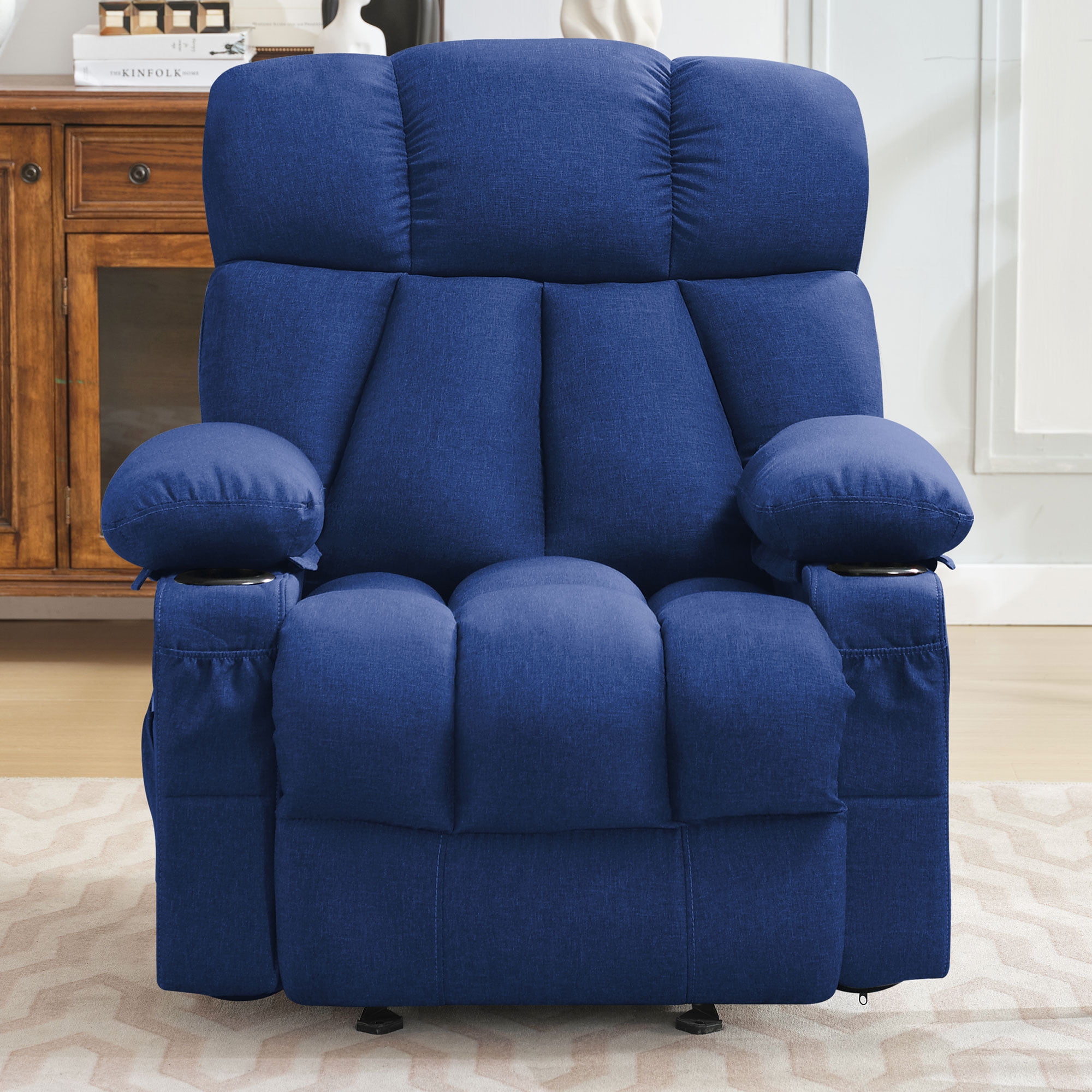 JONPONY Manual Recliner Chair with Heat Therapy and Massage Function, Heavy Duty Reclining Mechanism Massage Chair, Elderly Single Rocker Sofa with Cup Holders for Bedroom Home Theater,Blue