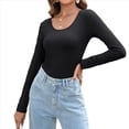 thumbnail image 3 of Camiseta de Cuello en U para Mujer, Camiseta de Larga de Color Liso, Suave, Elástica, Ropa Informal, Básica Negro XXL, 3 of 9