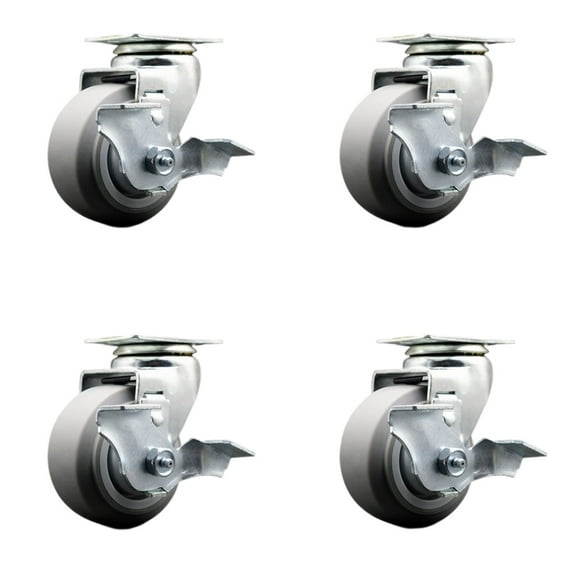 4 Inch Thermoplastic Rubber Swivel Caster Set with Roller Bearings and Brakes