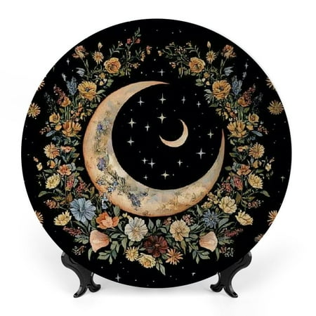 

FUMJ Moon Flowers Crescent Bone China Decorative Plate for Home Office Wall Decor Room Decoration 7x7inch