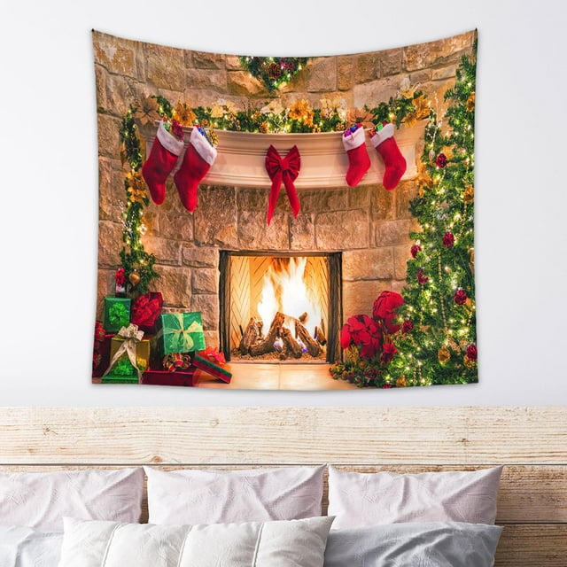 Fondo de chimenea de Navidad, tela de fondo de Navidad, accesorios de estudio fotográfico, tapiz de Navidad portátil para decoración del hogar y , 150cmx130cm CUTICAT Tapiz colgante