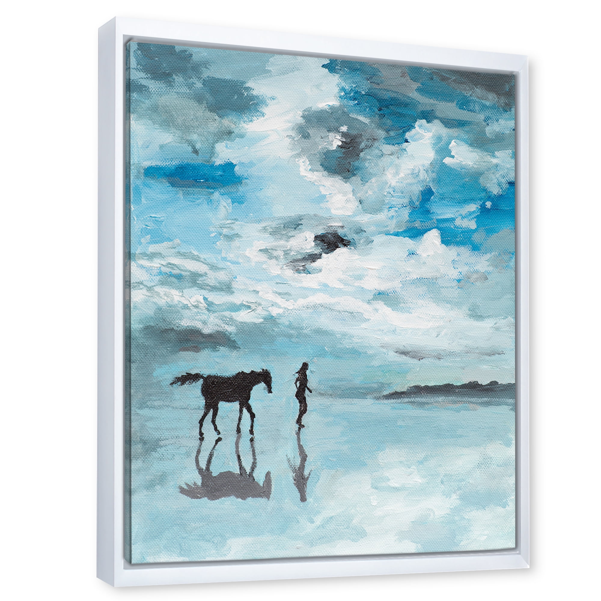 Designart 'Peaceful Scene Of Horse and Man Running By The Water' Farmhouse Framed Canvas Wall Art Print