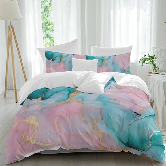 3 Piece Teal Pink Marble Duvet Cover Set Twin Size,Microfiber Comforter/Quilt Cover with Corner Ties and 2 Pillowcases,Abstract Ink Painting Modern Luxury All Season Soft Bedding with Zipper Closure