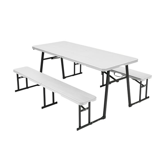 Living and More 3-Piece Picnic Table Set, 6 Foot Polyethylene Folding Table with 2 Folding Benches, Weather Resistant, Indoor Outdoor, White Wood Finish with Black Legs