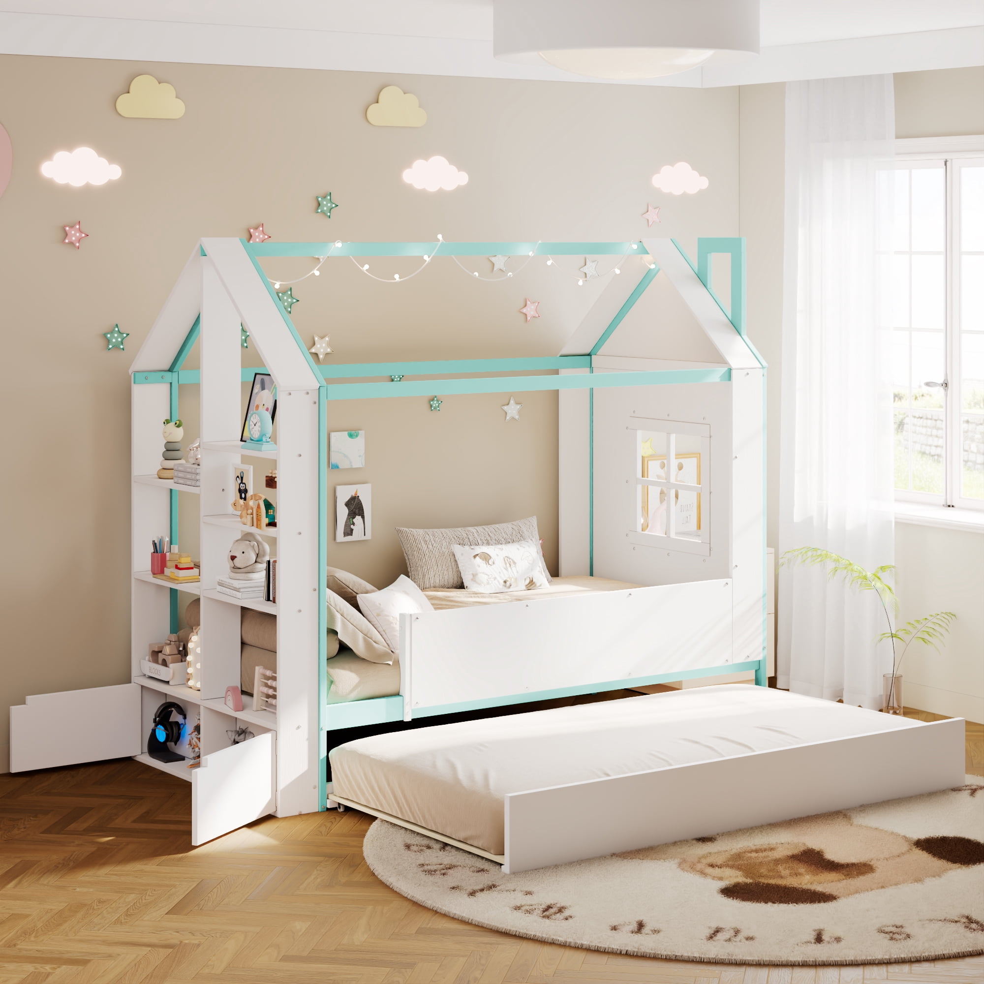 Twin Size House Bed Frame with Pull-Out Trundle, Tail End Storage Shelves and Cool White LED Lights, White+Blue