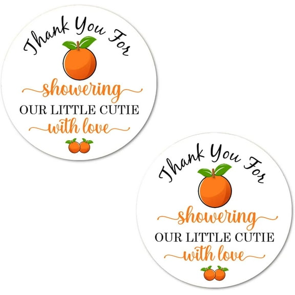 Little Cutie 40 Thank You for Showering Stickers, 2 Inch Big Round Glossy Labels, Clementines Theme for Baby Shower, Birthday, Great for Party Favors, Tags, Games and Supplies