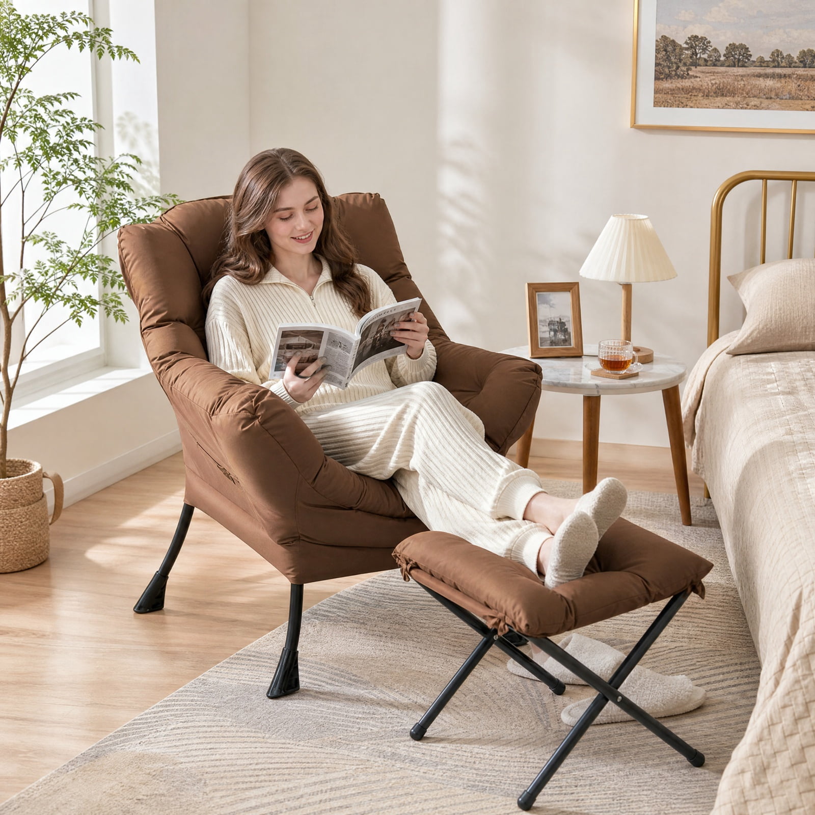 Furnibear Modern Accent Sofa Chair with Folding Footrest and Side Pocket for Living Room Bedroom and Balcony Reading Nook, Brown