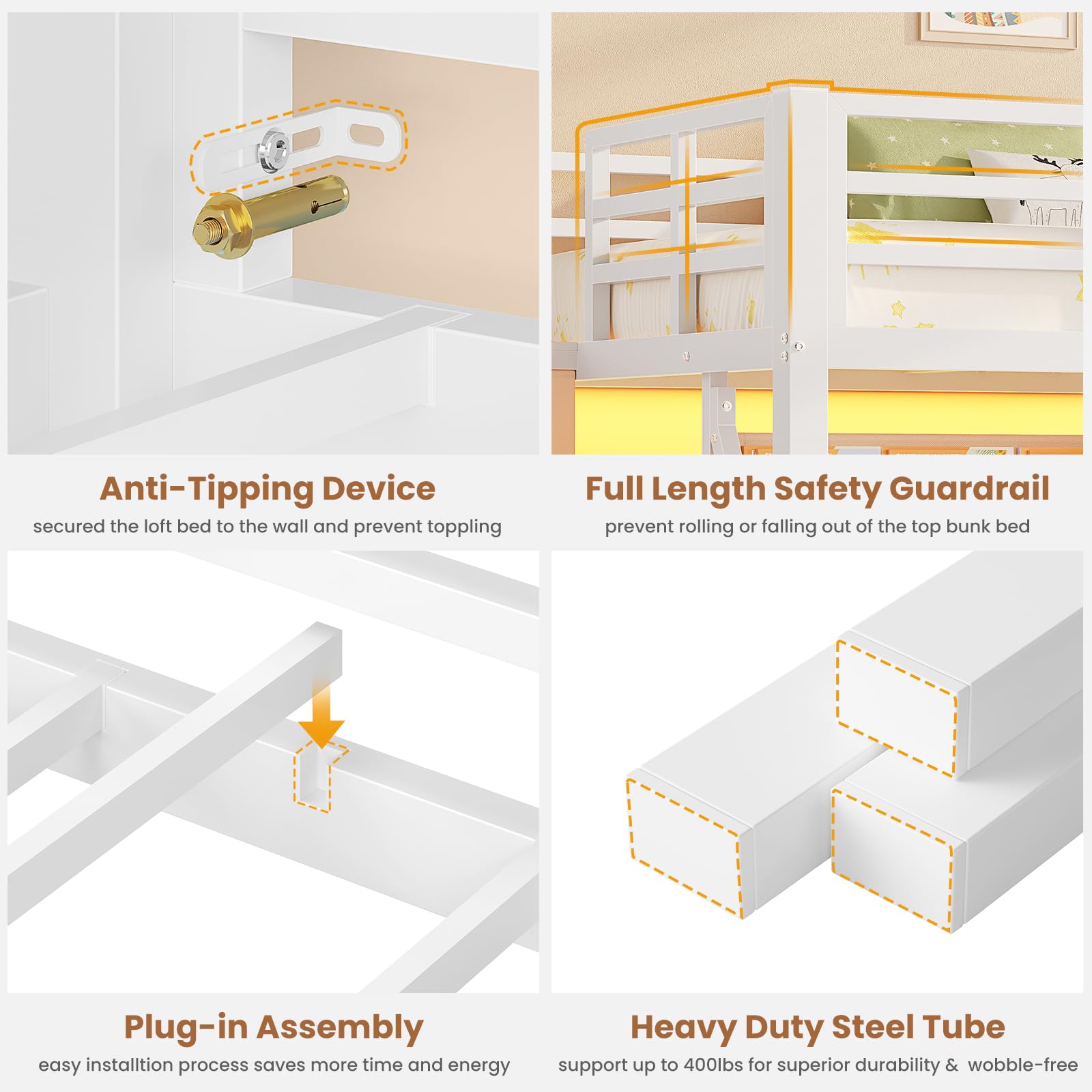 Low Loft Bed with Storage Stairs & Drawers & Shelves, LED Twin Metal Loft Bed with Under-Bed Playhouse, White