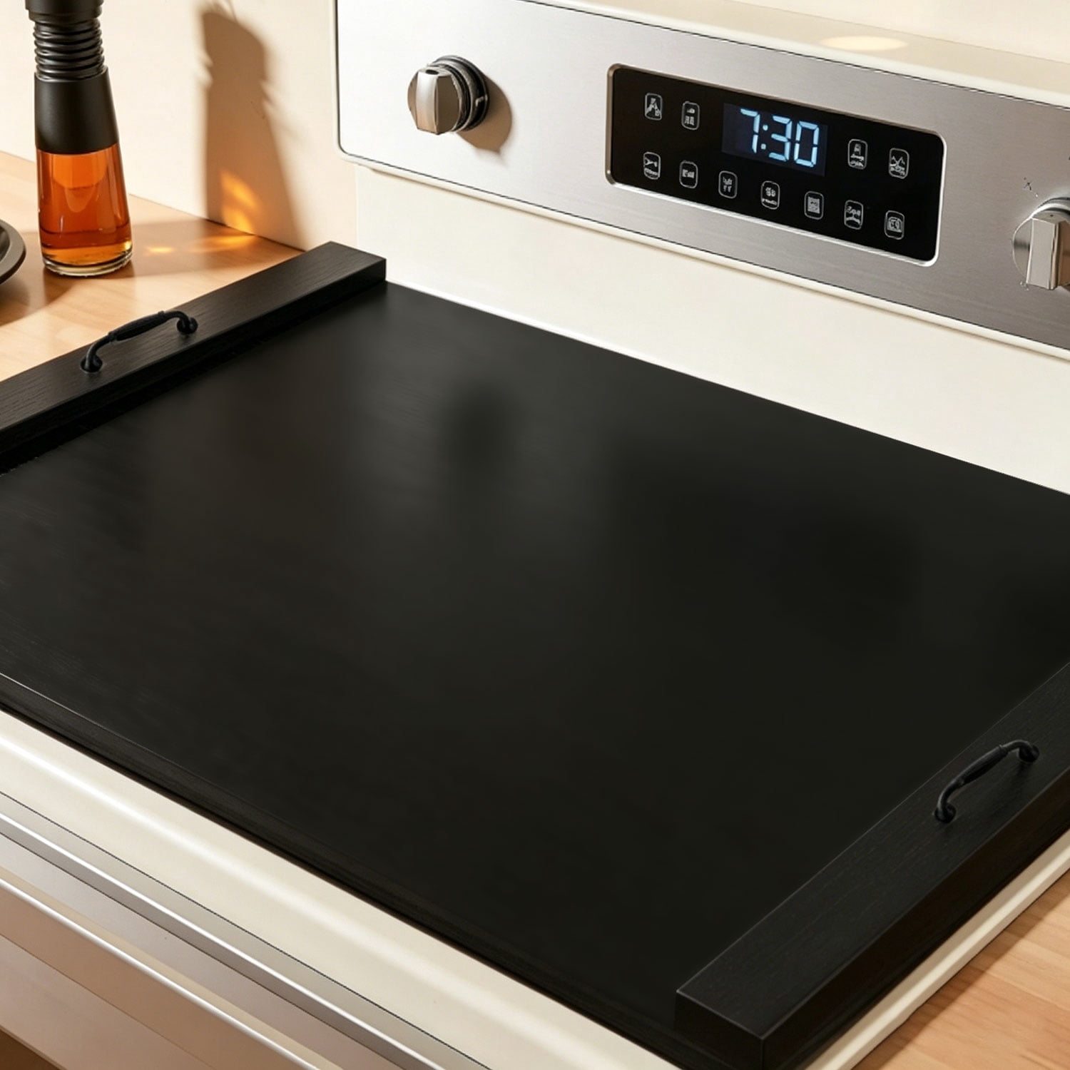 YAOYAO LAND Noodle Board Stove Cover with Handles, Acacia Wood, for Electric Gas Stove Top (Black)