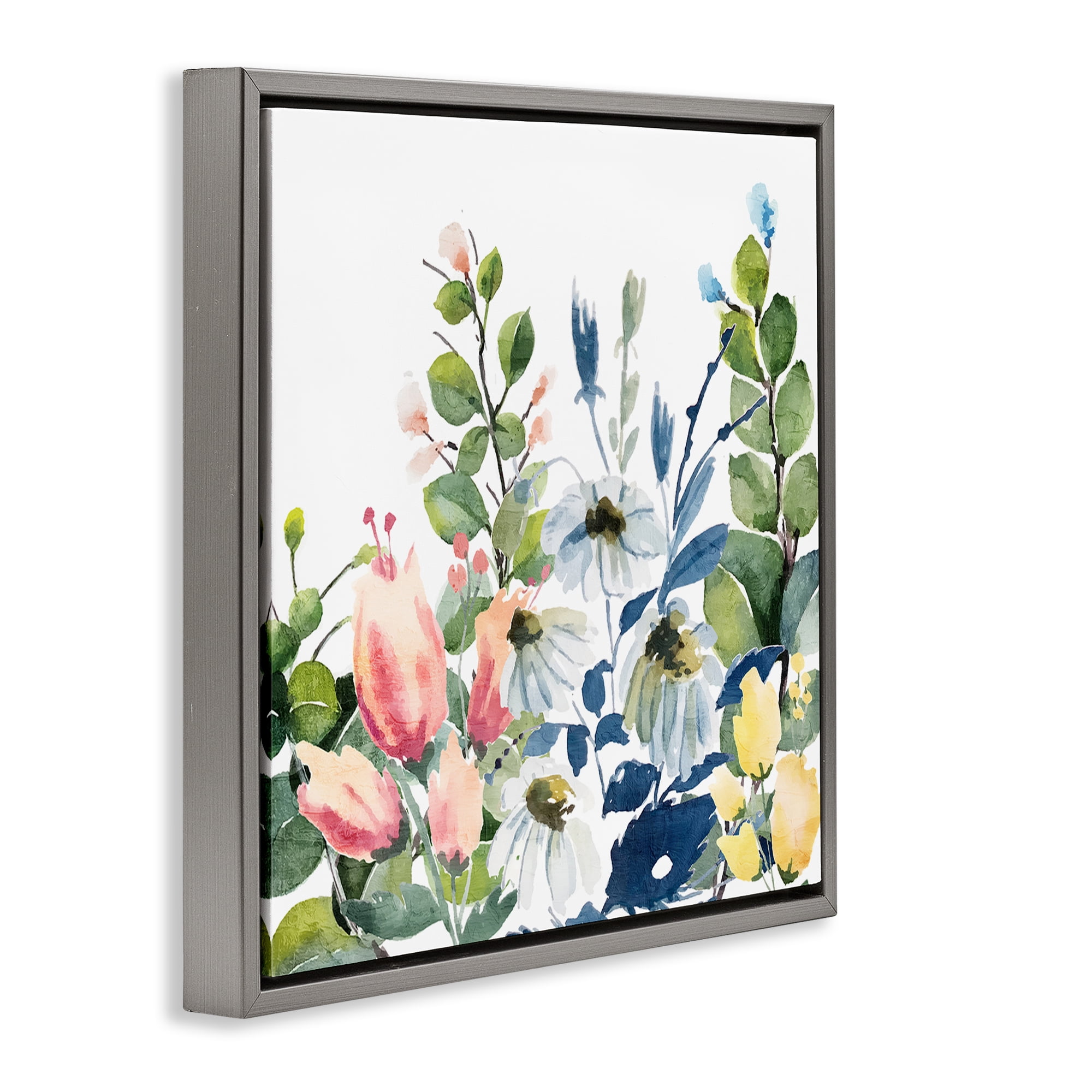 Stupell Industries Assorted Spring Blooms Plants & Flowers Painting Gray Floater Framed Canvas Art Print Wall Art, 18 x 18