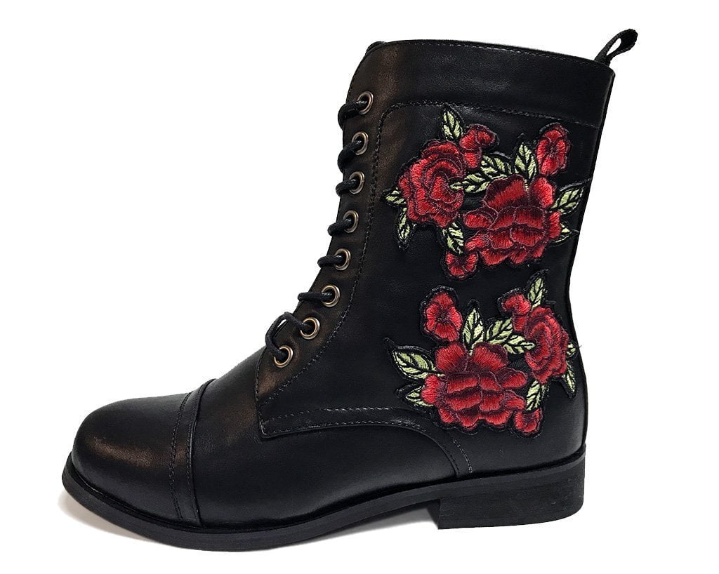 Black combat top boots with roses